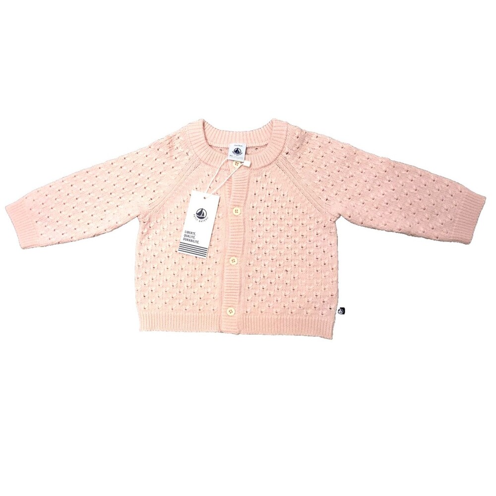 NWT Petit Bateau Pink Open Knit Cardigan Sweater 12 month 74 cm Cotton Wool